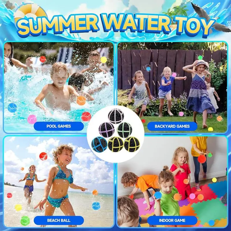 Water Balloons Quick Fill 6X Silicone Water Refillable Sponge Balloons Beach Pool Toys Pool Play Supplies Interactive Throwing