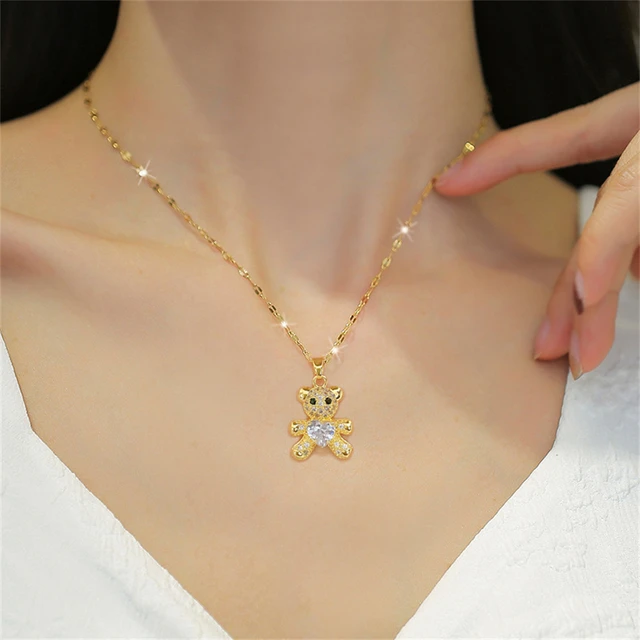Fashion Crystal Heart Necklace For Women Jewelry Sets Stainless Steel Chain Cute Bear Stud Earring Mothers Day Gift 6