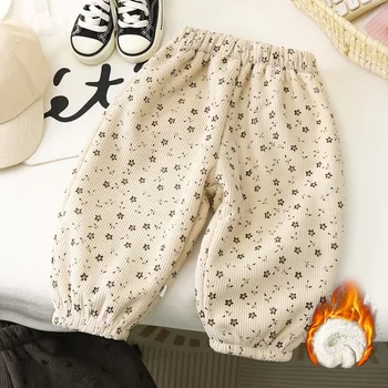 2025 Winter New Kids Pants Fleece Lined Corduroy Baby Boys Girls Warm Trousers Floral Patterned Outdoor Casual Pants 1