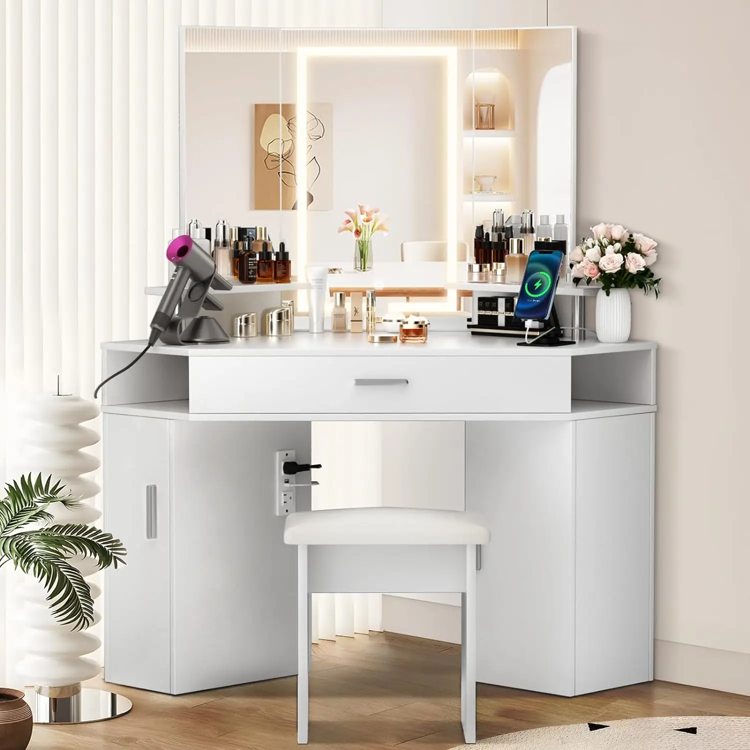 

SMOOL 47" L Vanity with Lighted Mirror - Makeup Vanity Desk with Power Outlet and 3 Color Lighting Options, Brightness Adjustab