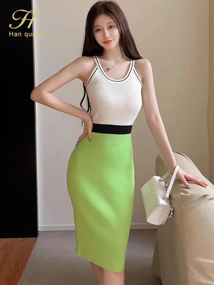 H-Han-Queen-Color-Matching-Elegant-Pencil-Dress-Women-Simple-Slim ...