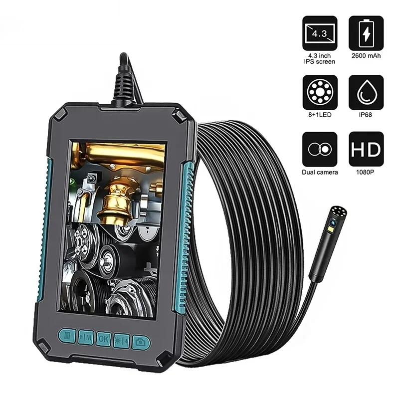 Digital Endoscope Camera 8mm Dual Lens IP67 Industrial Borescope 4.3“ HD Screen LED Pipe Inspection Camera Hard Cable Endoscope