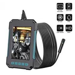 Digital Endoscope Camera 8mm Dual Lens IP67 Industrial Borescope 4.3“ HD Screen LED Pipe Inspection Camera Hard Cable Endoscope