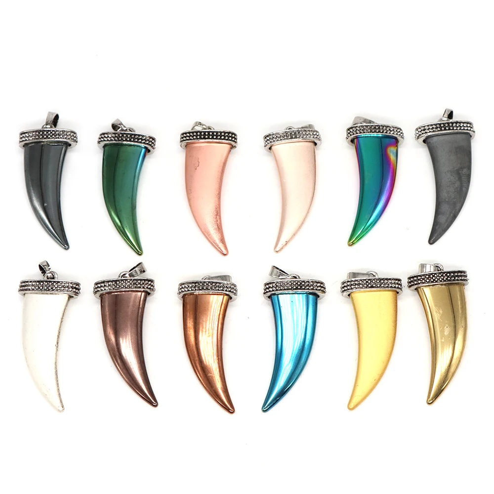 Natural Hematite Stone Plating Horn Tooth Spike Shaped Pendant Punk Style Jewelry Making DIY Necklace Accessories Amulet Charms