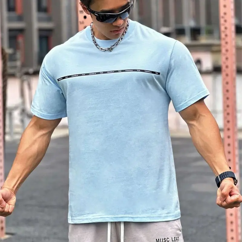 2024 summer new loose sky blue men's T-shirt cotton round neck short sleeve top street wear fashion casual men's wear