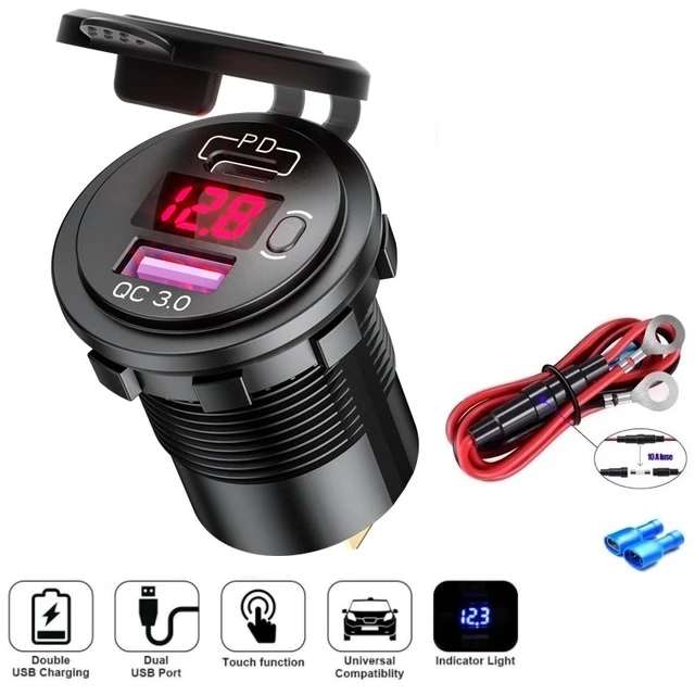  USB C Car Charger Socket, 12V USB Outlet with 18W Dual