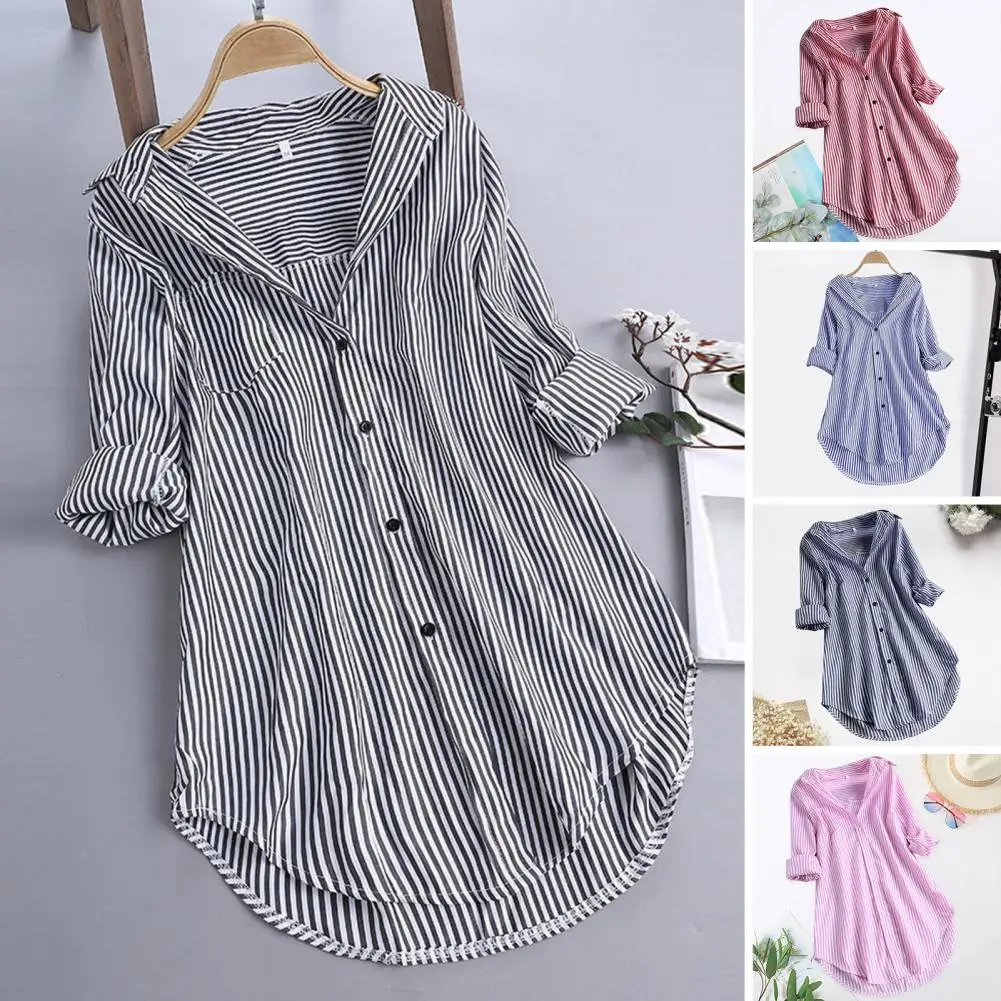 M-4XL-Women-Tunic-Shirt-Striped-Long-sleeves-V-Neck-Mid-Long-Turn-down ...