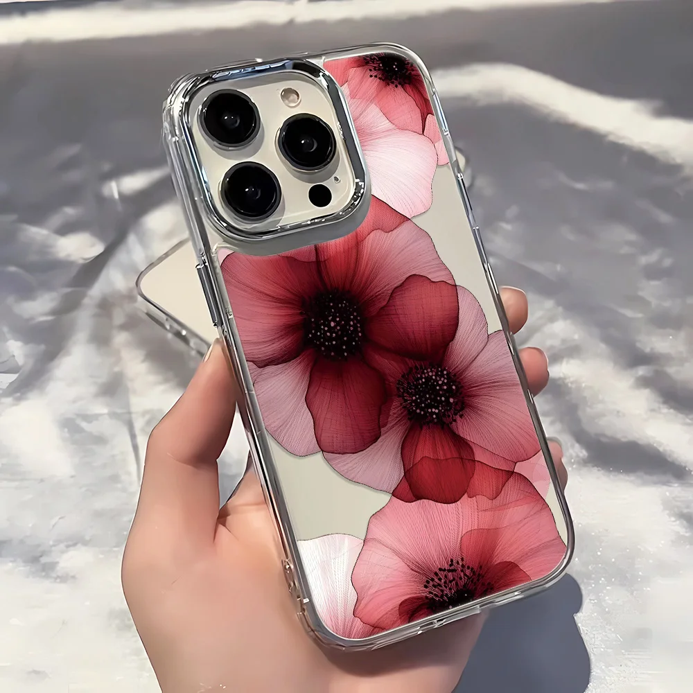 Elegant Red Floral Transparent Silicone Phone Case - Luxury Soft TPU Back Cover