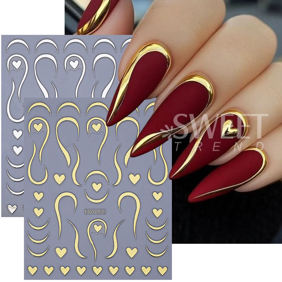 4pcs Metal French Line Nail Stickers Red Love Heart Striped Line Adhesive Slider Nail Decals DIY Valentine's Manicure Decoration