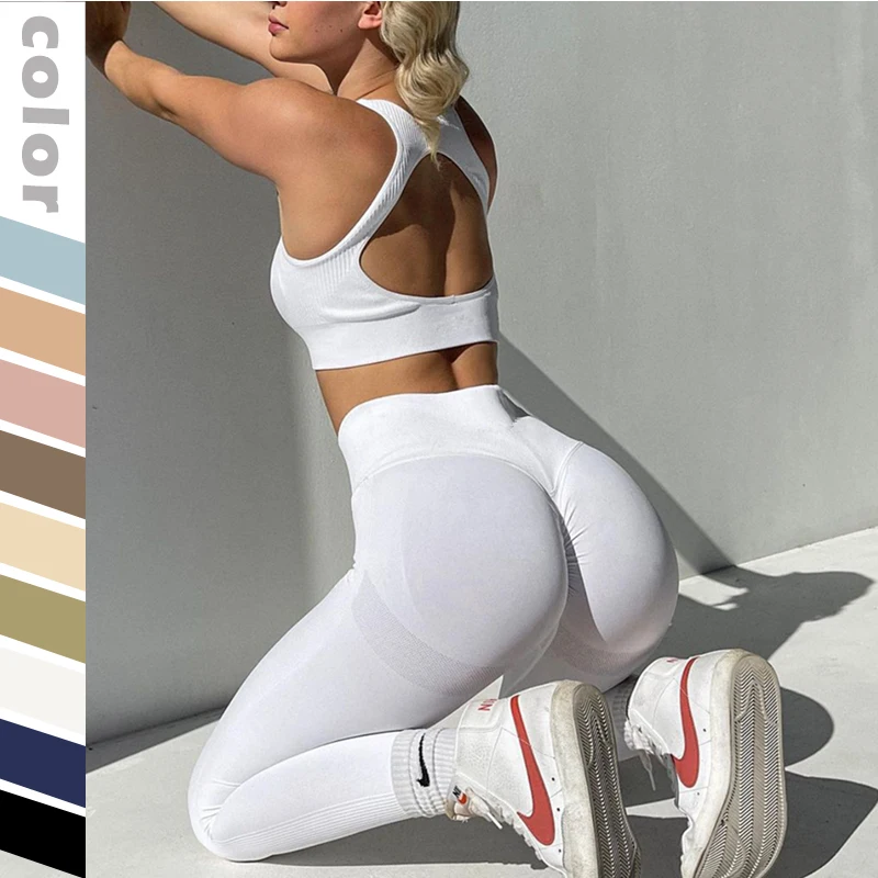 Women 2PCS seamless yoga set crop top bra leggings for workout gym run