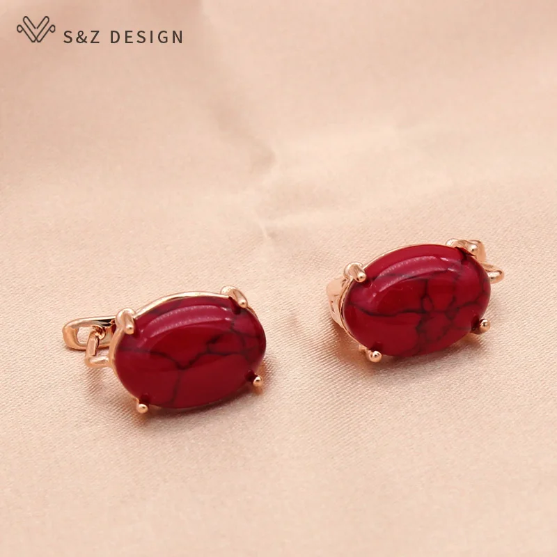 S&Z DESIGN New Vintage Oval Egg Shape Synthetic Turquoises Dangle Earrings For Women Wedding 585 Rose Gold Color Eardrop Gift