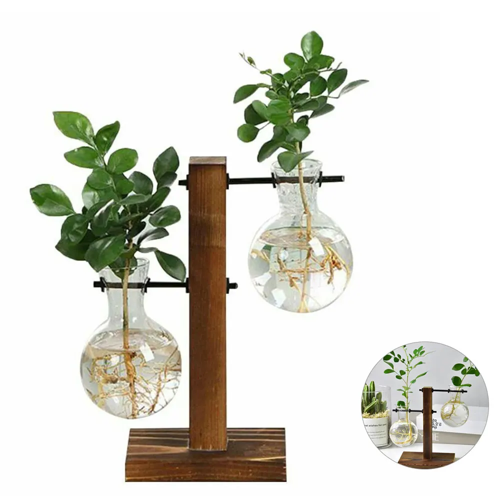 Glass Desktop Planter Bulb Vase Wooden Stand Hydroponic Plant Container Decor Living Room Office Plant Propagation Station
