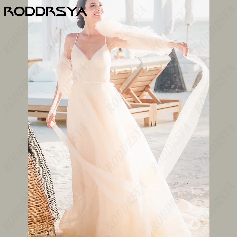 

RODDRSYA Spaghetti Straps Backless Wedding Dresses For Women Sleeveless A-Line Beach Bridal Gown Tulle V-Neck Robe De Mariee