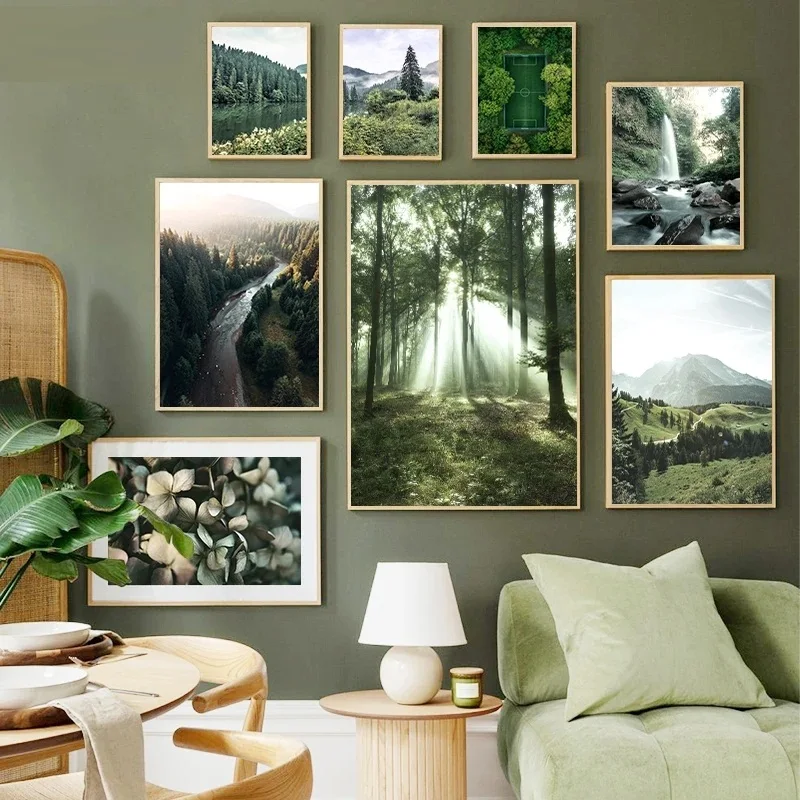 Nordic Art Canvas Painting Green Forest River Landscape Poster Natural Tree Mountain Picture Soggiorno Camera Da Letto Studio Decor