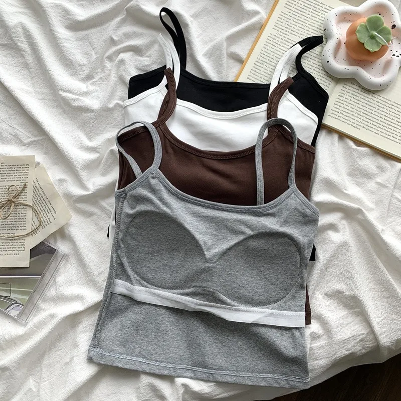 1PC Korean Women's Solid Color Spaghetti Straps Sleeveless Slim Camisole With Chest Pad