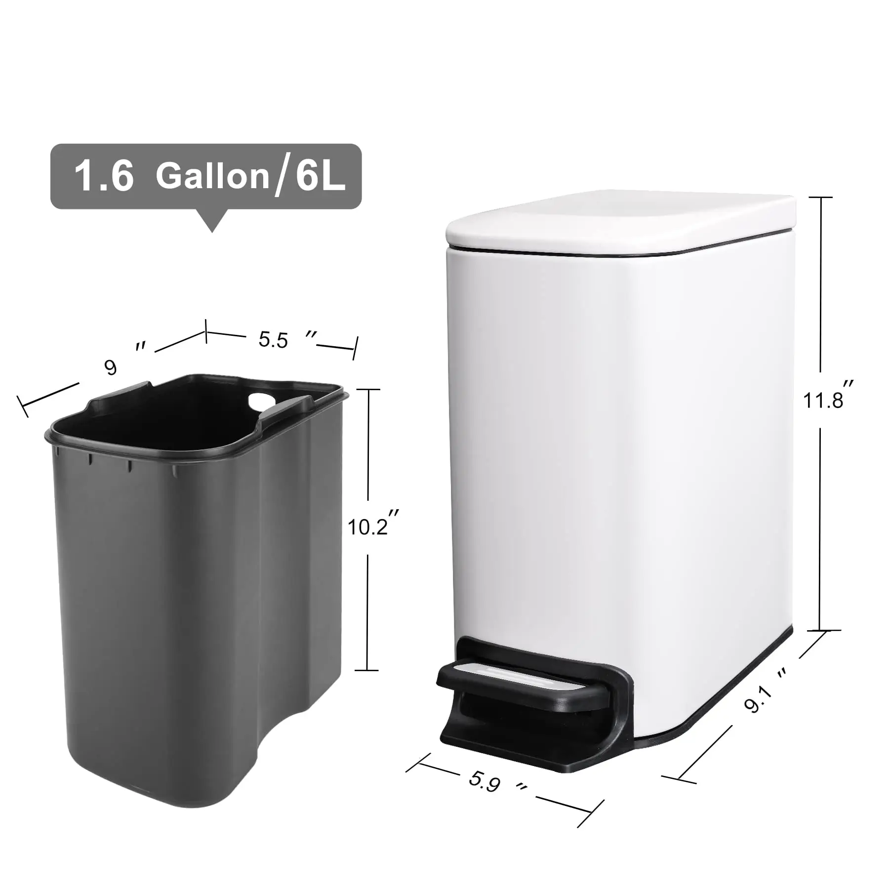 CAPHAUS 2.6 Gallon Slim Trash Can With Soft-Close Lid - Small Space Bathroom & Bedroom