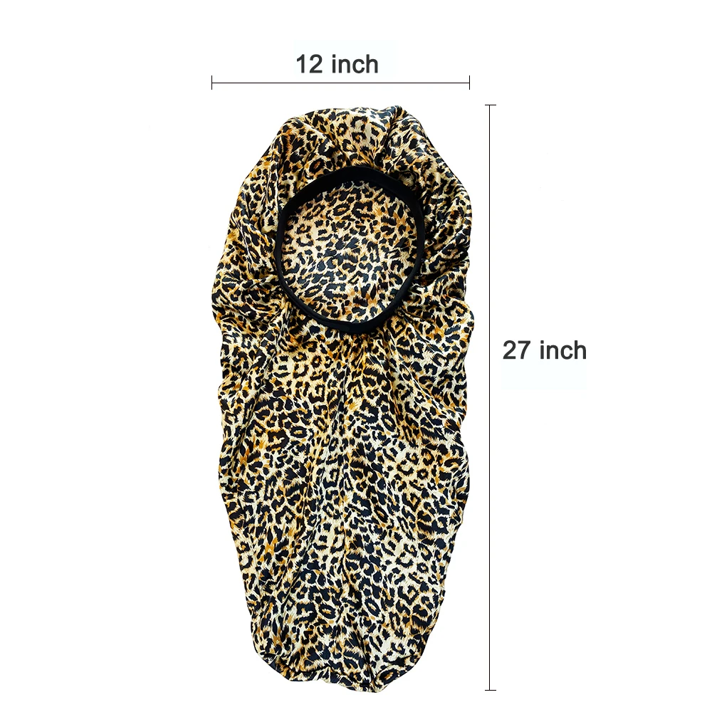 Satin Bonnet Cap Night Sleep Hat Wide Elastic Bands Long Hair Care Wrap For Women Leopard Print 2