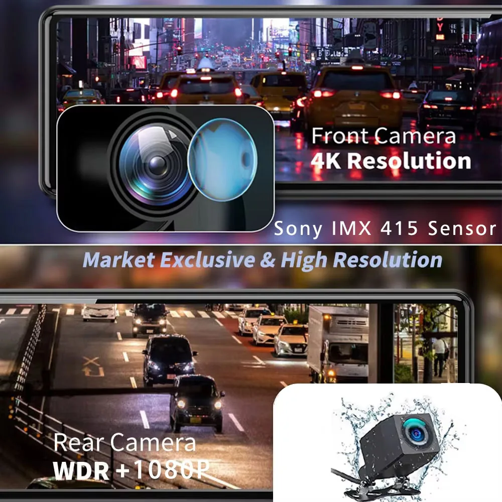 Dash Cam 4K 2160P da 11,26 Pollici con Carplay, Android Auto, Doppia Lente, Wifi, GPS, BT, FM, Registratore Video per Auto, Specchietto Retrovisore con Telecamera - immagine 4