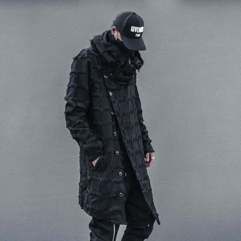 PFNW Men's Autumn New Windbreaker Darkwear Irregular Gothic Mid Length High Neck Scarf Hooded Tide Chic Trendy Punk Coat 12Z5072
