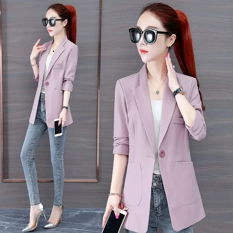 

Женский офисный блейзер с длинным рукавом, элегантный однотонный повседневный костюм в Корейском стиле на одной пуговице, верхняя одежда, 2022