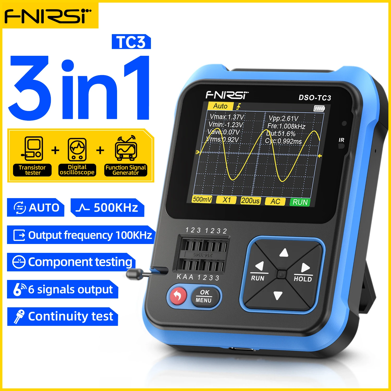 Oscilloscoop Multimeter, 3-in-1 digitaal oscilloscoop signaalgenerator, 2-kanaals 50 MHz bandbreedte, multimeter met oscilloscoop met 250 ms/s bemonsteringssnelheid, 19999 tellingen