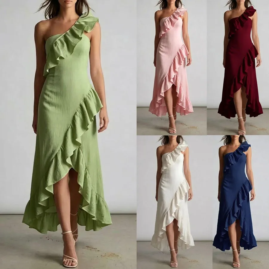 Pleated Dress Sleeveless Solid Color Dresses One Shoulder Asymmetrical Hem Maxi Dress Slim Fit Off Shoulder Ruffle Dress