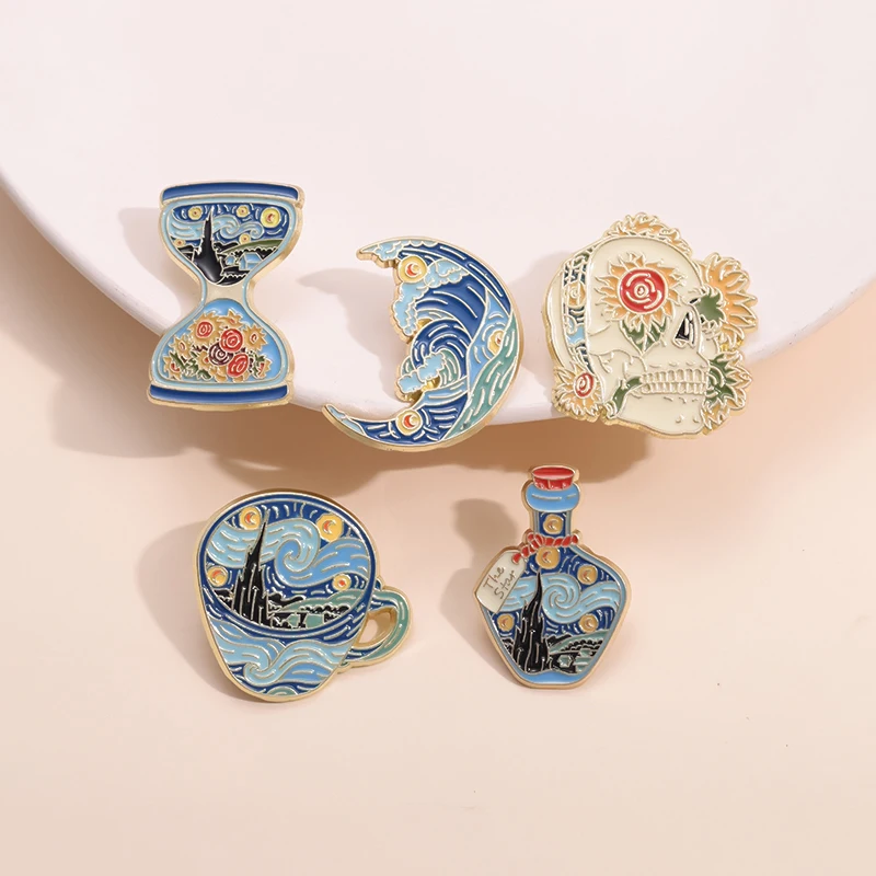 Enamel Pins 3-5pcs/set Van Gogh Oil Painting Series The Scream Starry Sky Sunflowers Art Brooches Lapel Badge Jewelry Gifts