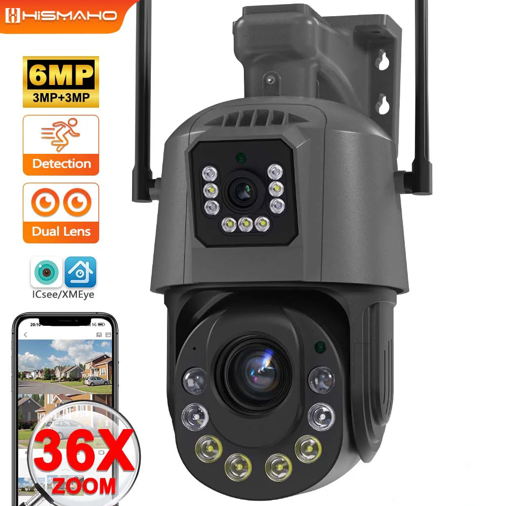 6MP Security Camera Dual Lens WiFi Outdoor Protection IP Cam 36X Zoom ...