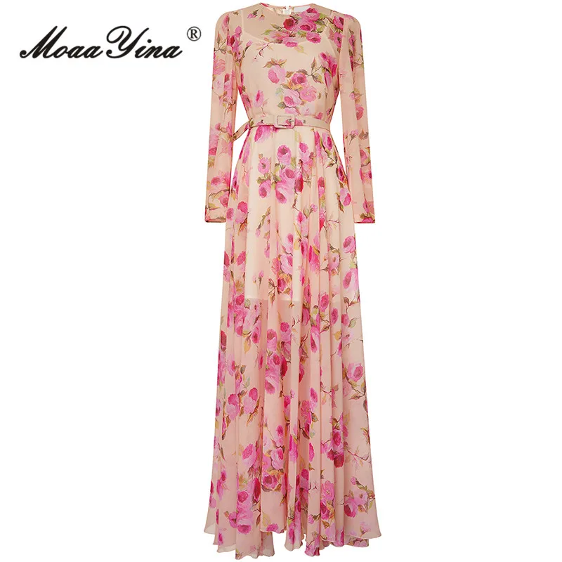 

MoaaYina Spring Fashion Runway Vintage Floral Print Dress Women O Neck Long Sleeve Sashes Gathered Waist A-LINE Slim Long Dress