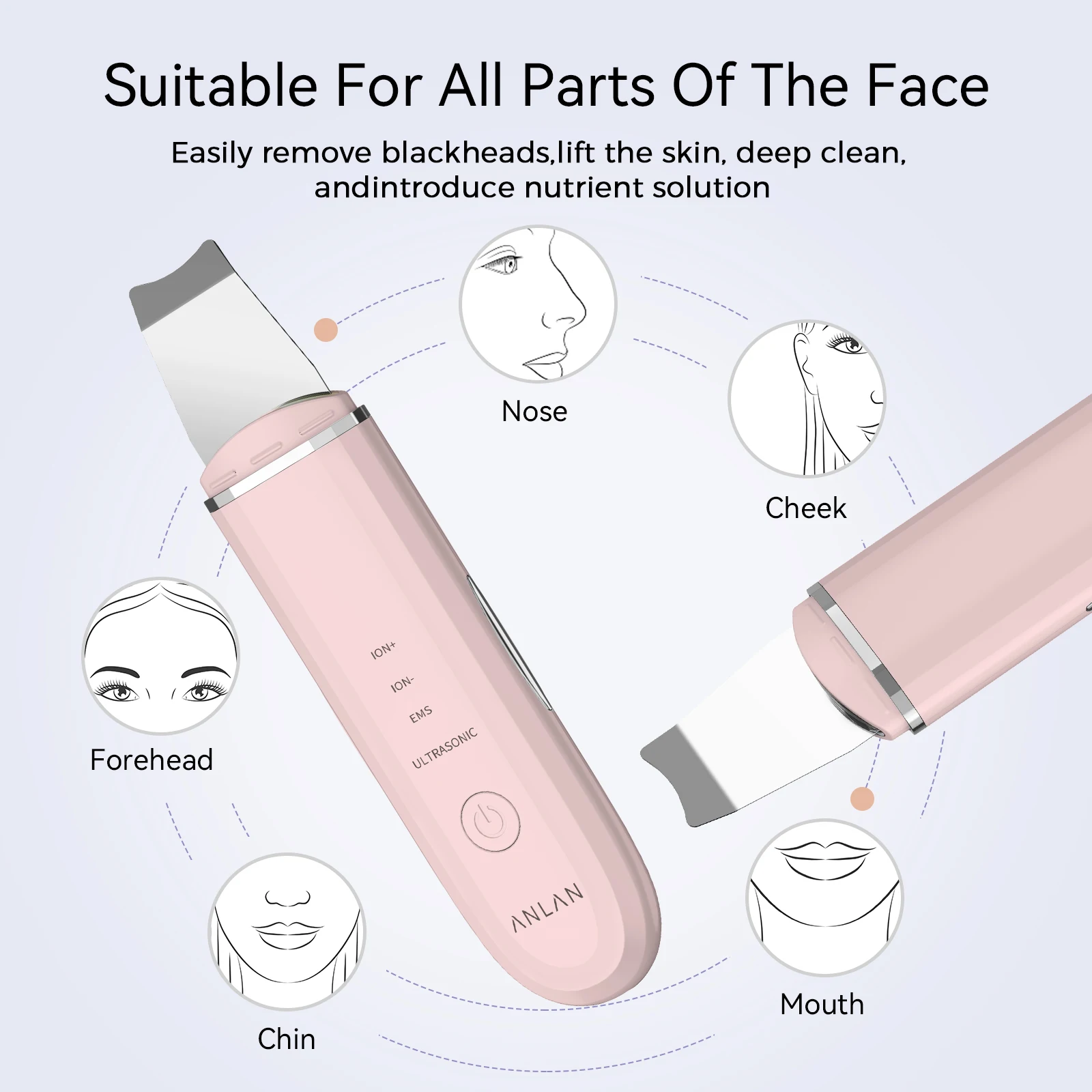 ANLAN Peeling Ultrasónico Facial Skin Scrubber Exfoliación Facial  Lavadora ultrasónica de la piel máquina de limpieza facial profunda pala peladora limpiador de poros faciales máquina de elevación de depurador de piel