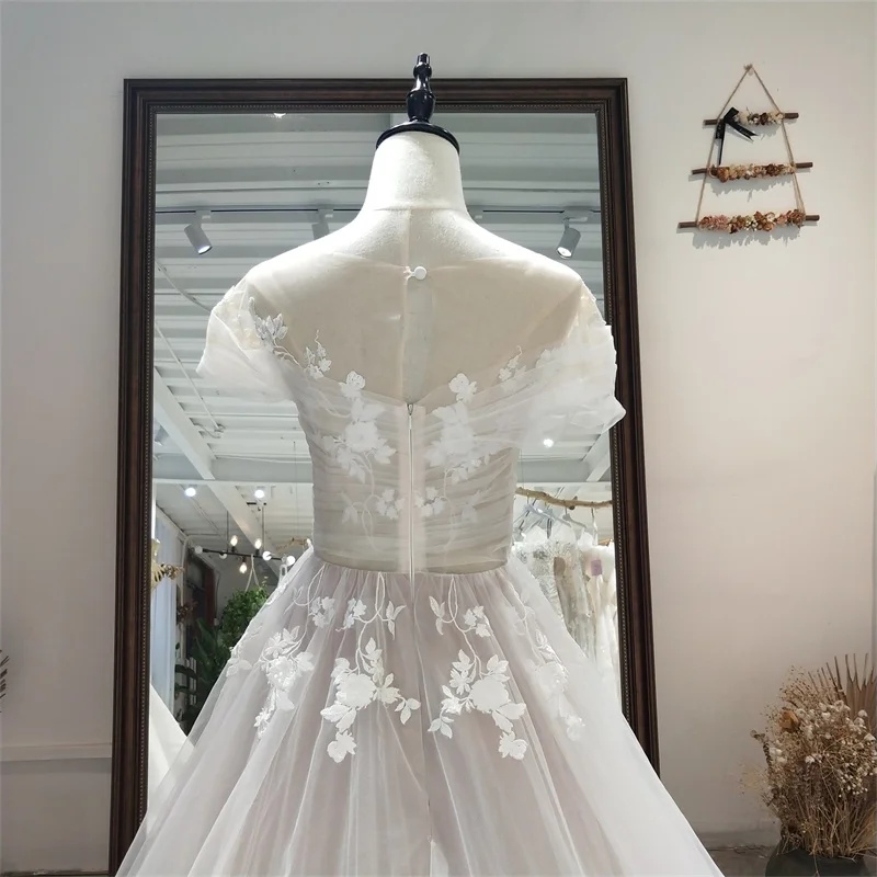 OWD-H2389 O-Neck Wedding Dress Boho A-Line Pleat Illusion Engagement Dress Criss-Crass Lace Tulle Wedding Dress robe de soirée 6