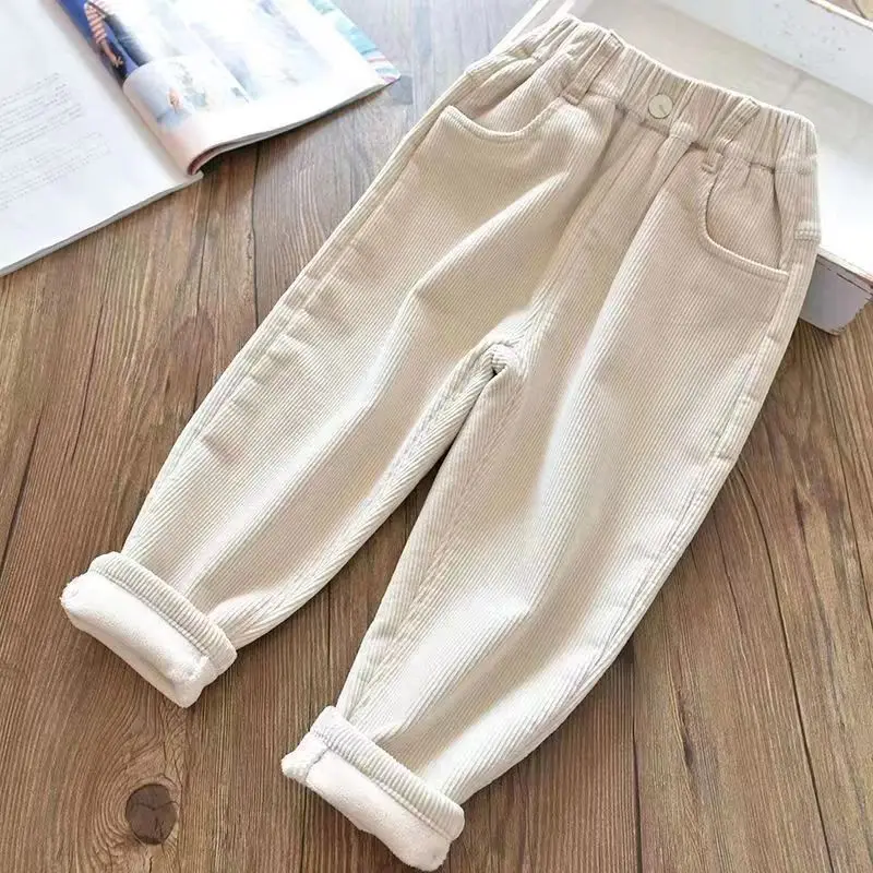 Autumn Winter Corduroy Solid Plus Velvet Kids Pants Harajuku Thick Cute All Match High Waist Fashion kids pants