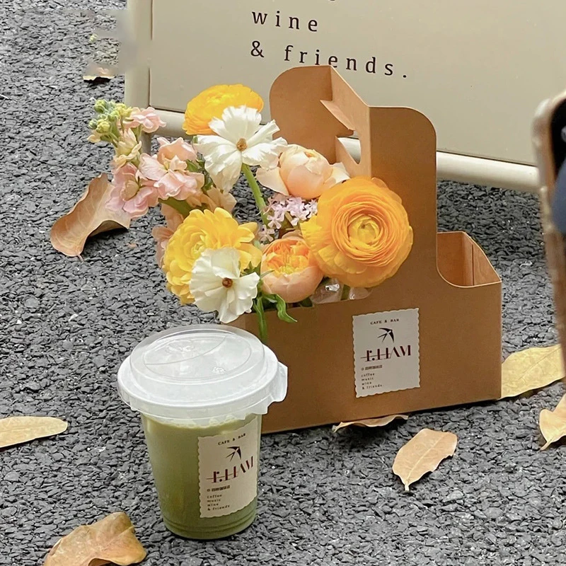 10pcs Portable Flower Gift Bag Kraft Paper Holder Coffee Flower Cake Dessert Packaging Box Photo Favor Drink Carrier With Handle