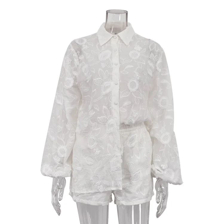 Printed See-Through Sexy Outfits Female Patchwork Cardigan Shirts And Lace-Up High Waist Shorts Sets Autumn 2 Piece-Set