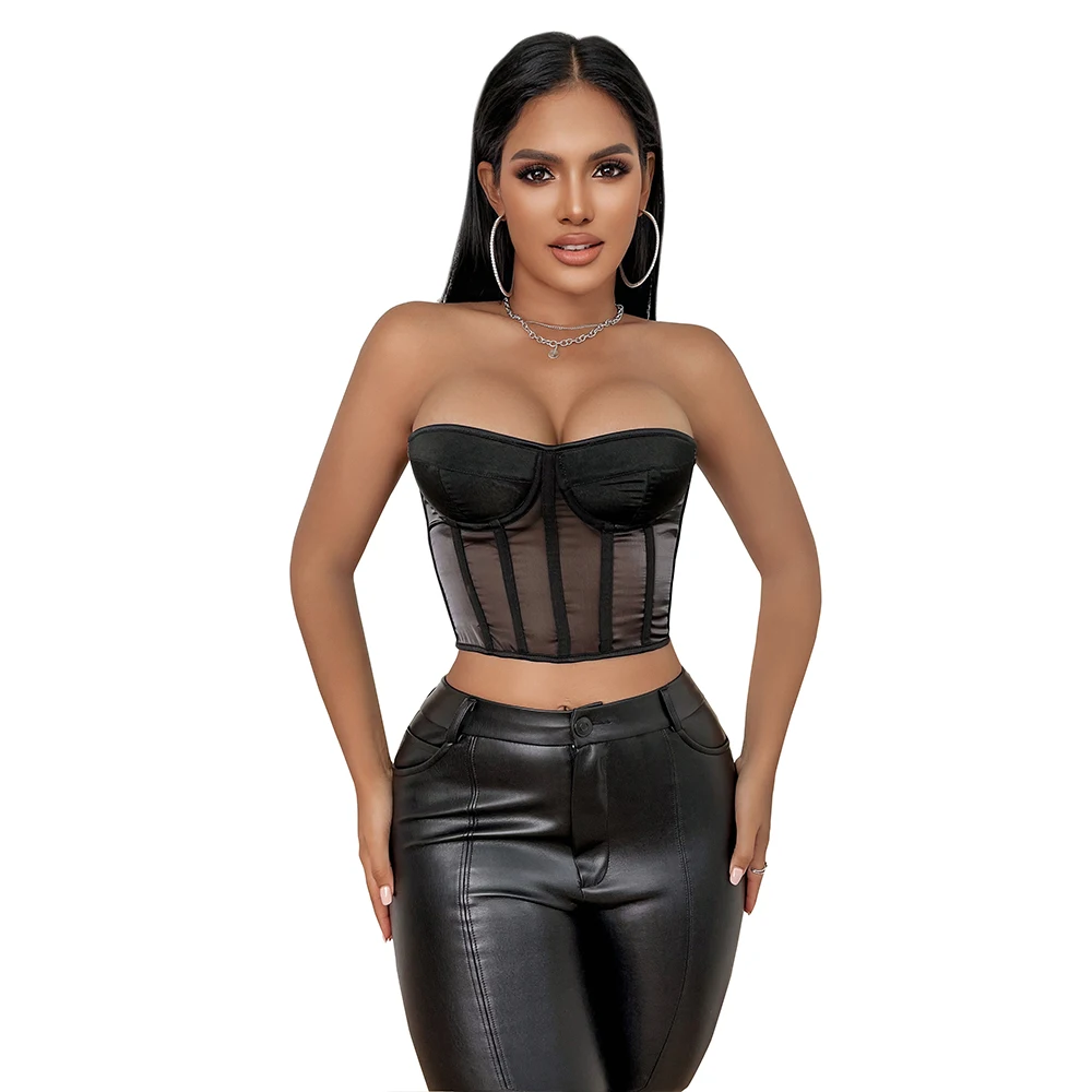 

Women Sexy Push Up Mesh Corset Transparent Soft Lace Bra Patchwork See Through Tank Top Sleeveless Backless Bustier Gorset Tops