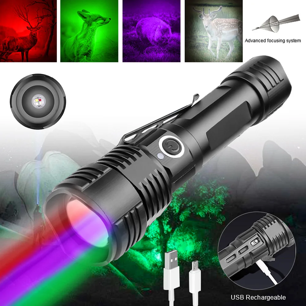 4in1 Tactical Zoomable LED Flashlight Red/Green/purp/White light Torch Outdoor Hunting Fishing Light Waterproof USB Rechargeable