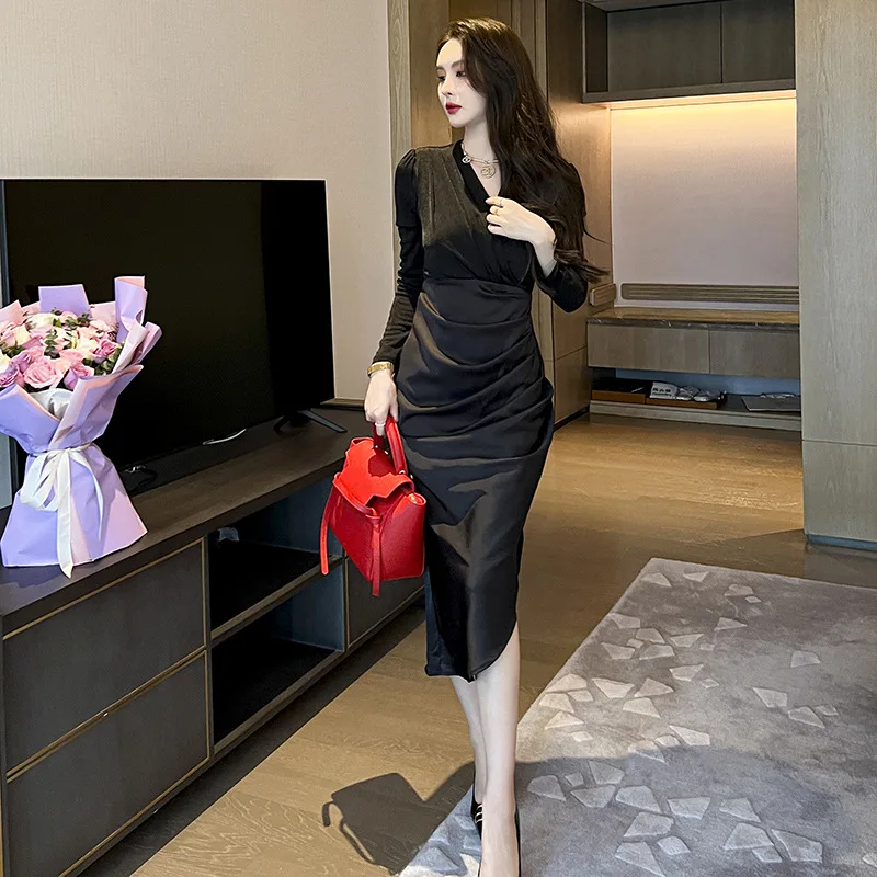 

2022 Fashion Women Hihg End Slim Long Sleeve Asymmetrical Dresses Autumn Vintage Elegant V-Neck Patchwork Bodycon Dress Vestidos