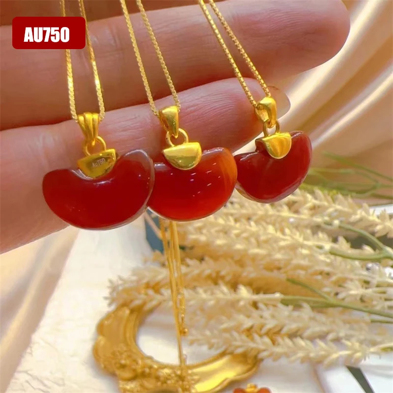 

Authentic 18K Real AU750 Gold Red Bean Pendant Necklace Vintage Exquisite Gift Festival Present For Woman Fine Jewelry