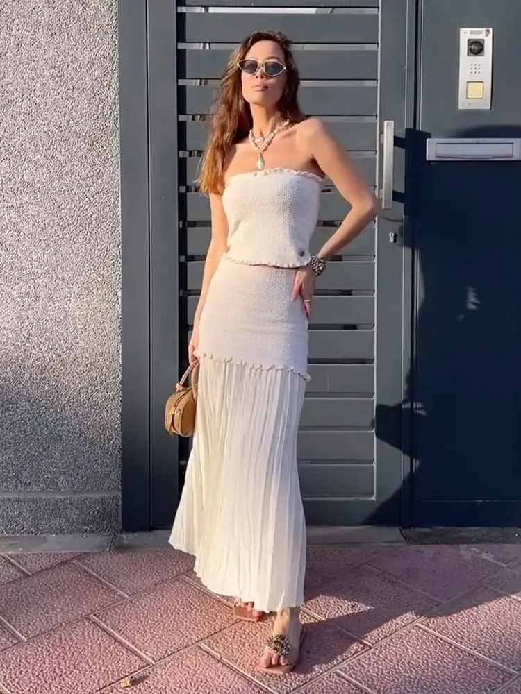 HH Women Elegant Solid Knitted Skirts Suit Sleeveless Backless Short Vest Tops Ruffles Splicing Skirt High Street Lady Sets