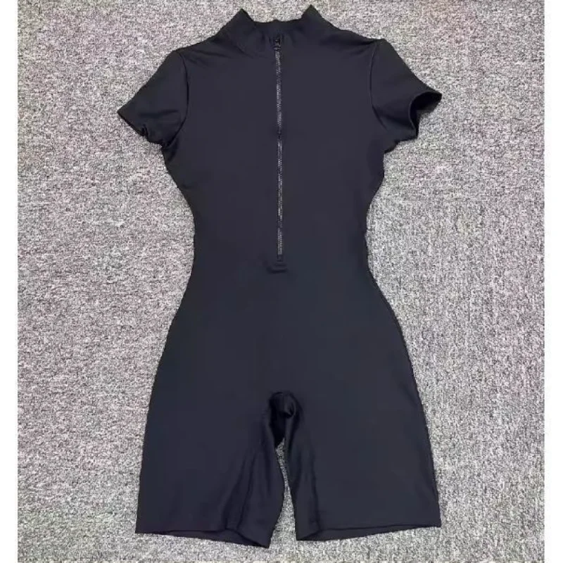 Women's Fitness Yoga One-Piece Suit Short Sleeve High-Waist Short Pants Sports Bodysuit Dance Exercise Tight Body Suit - 2