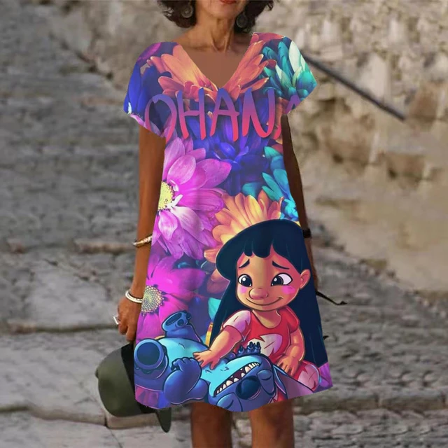 Robe imprimée Disney Stitch pour enfants, col rond, jupe courte  décontractée pour filles, style de rue de dessin animé, vêtements de fête  d'anniversaire, été, nouveau - AliExpress