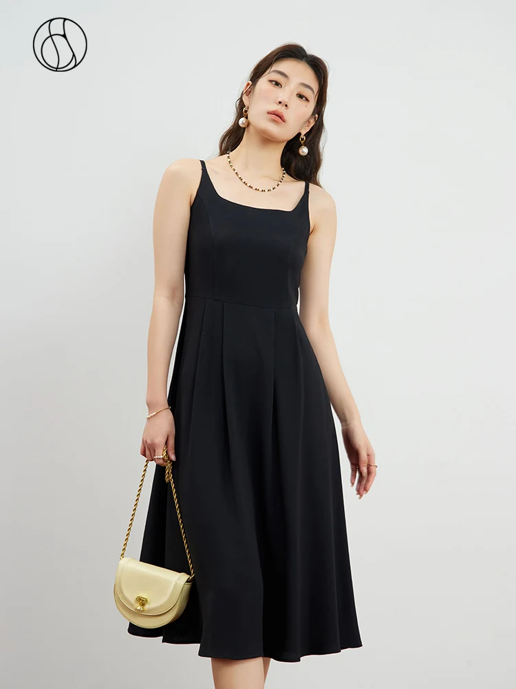 

DUSHU Temperament Black High Sense 76.9% Acetate Dress Pleated Design Long Women Suspenders Dress Female Solid Slim Dresses