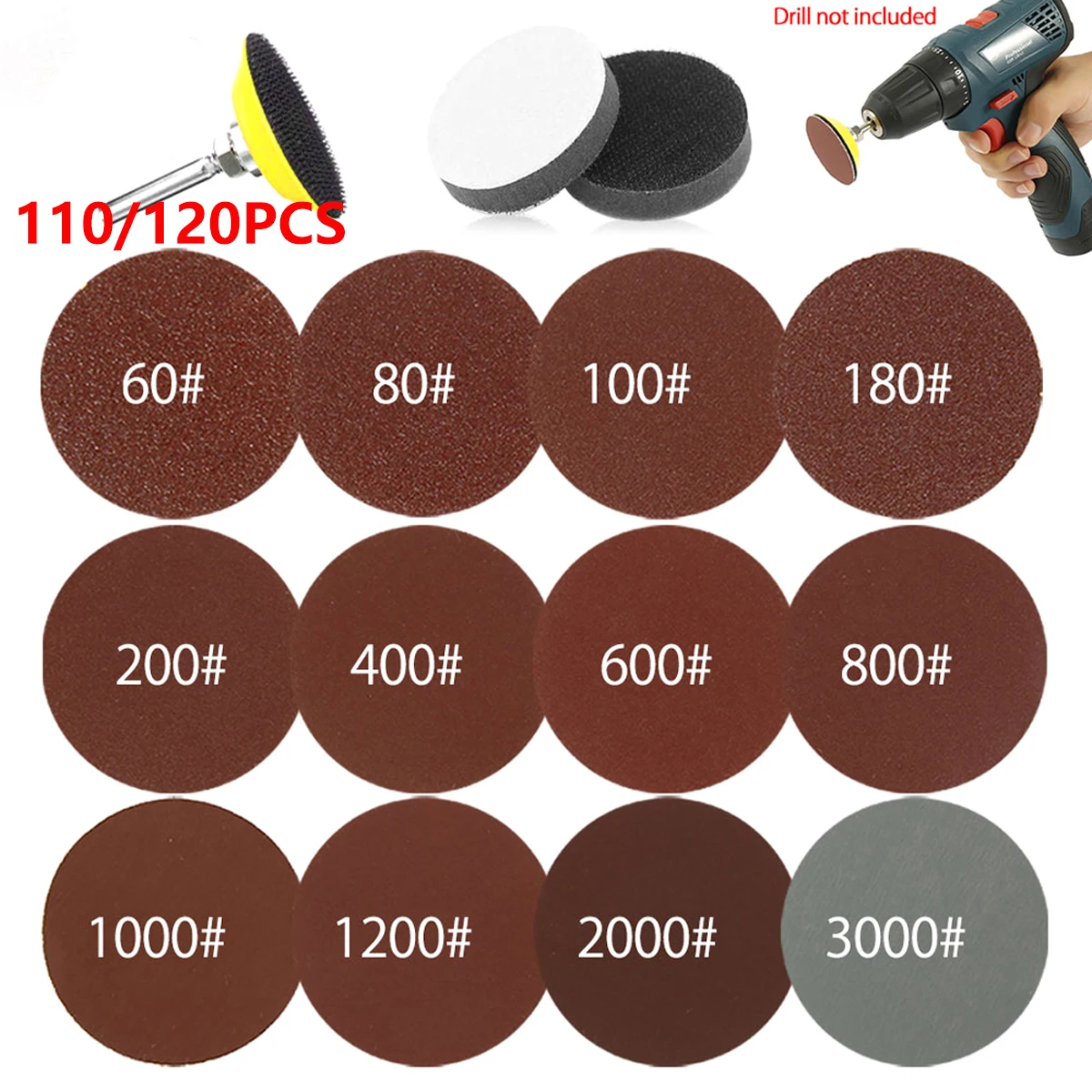 Sanding Disc 2 Inch Round Sanding Sheet Pads Paper Drill Grinder Rotary Tools 60-3000 Grit 110/120Pcs for Metal WoodWork sanding disc