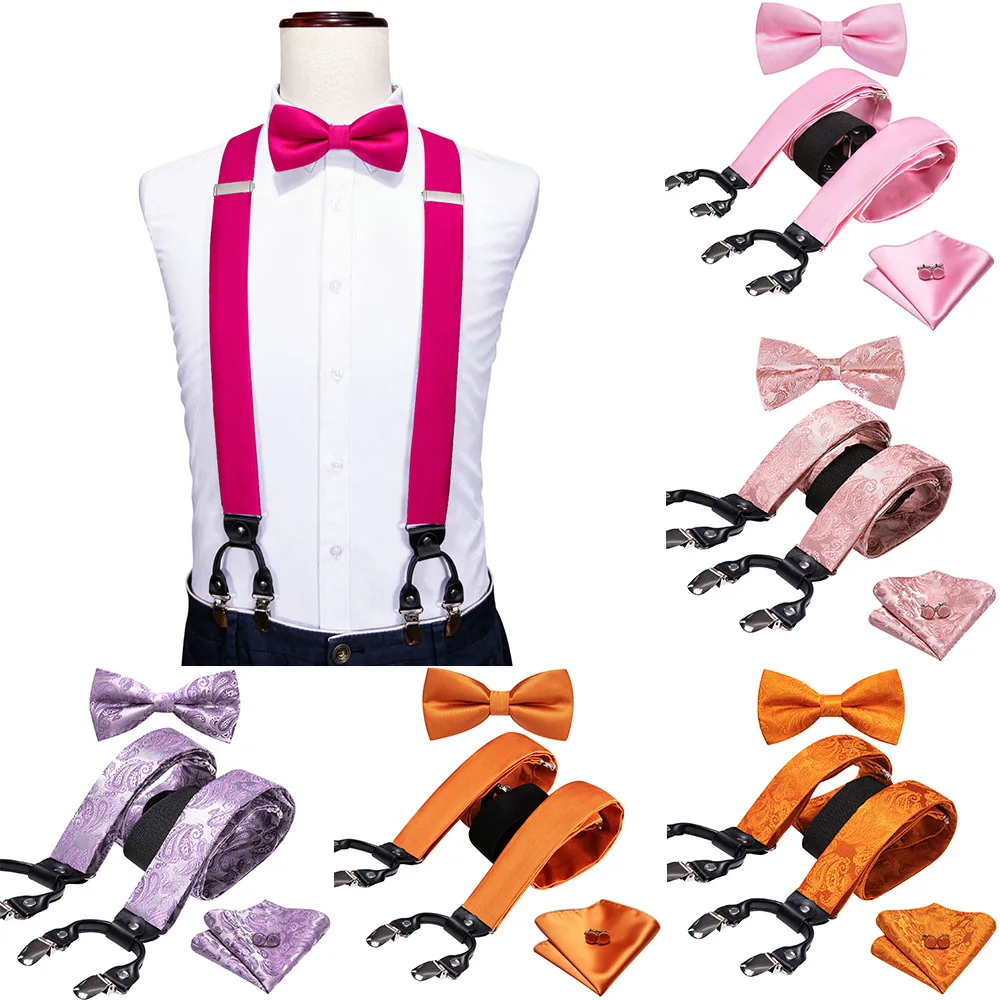 

Wedding Pink Men Suspenders Shirt Exquisite Solid Silk Bowtie Handkerchief Cufflinks Set Party Business Designer Barry.Wang 2095