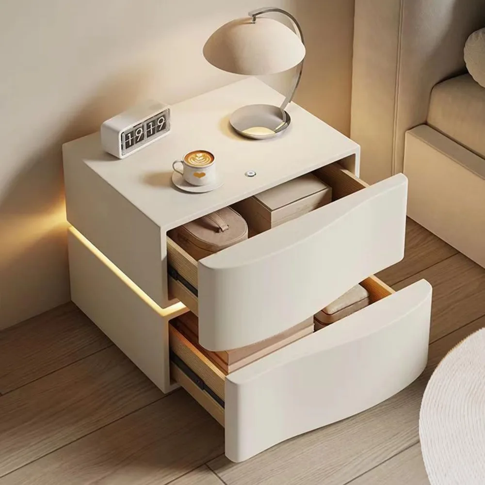 Leather Night Stand with LED Light Strip, Solid Wood Nightstand with 2/3 Drawer, Modern Bedroom Bedside Table (2 Drawers, White) 3
