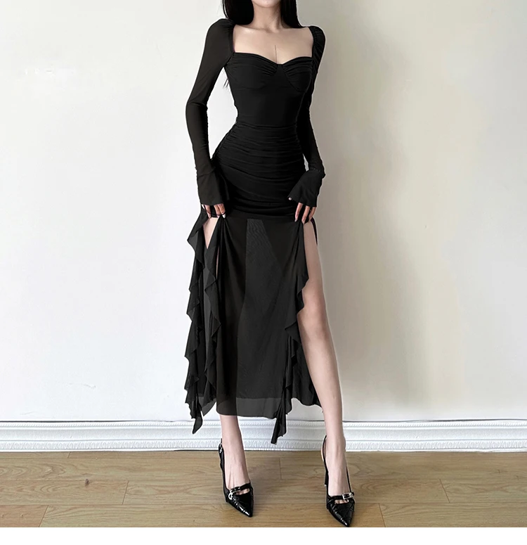Sexy High Slit Bodycon Midi Dresses for Women Square Collar Long Sleeve Slim Evening Party Dress Club Prom Robe Y2K Vestidos New