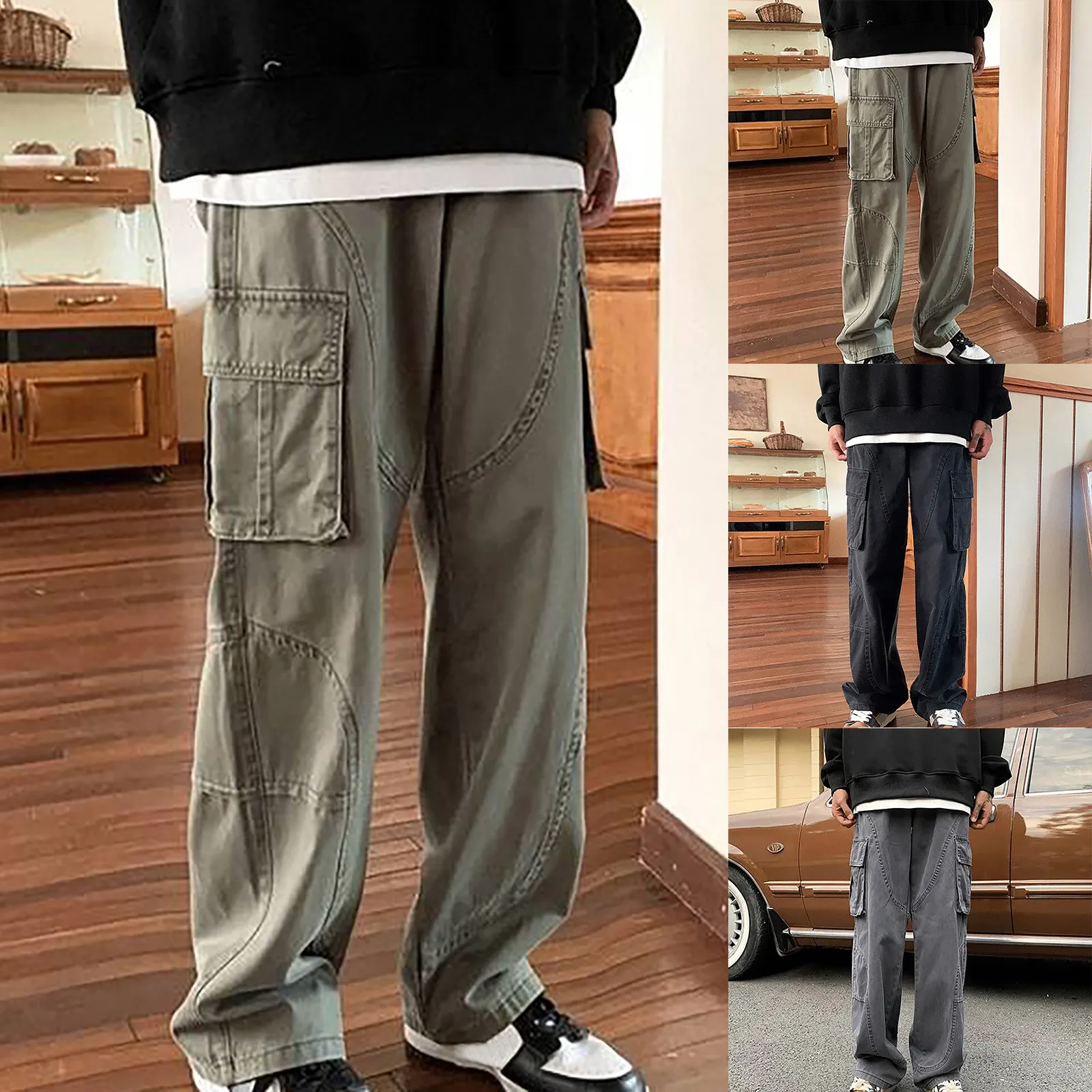 Description Picture 2 of itemBaggy Cargo Pants Men Vintage Harajuku Japanese Military Pockets Straight Trouser Male Casual Joggers Pant Streetwear Overalls
