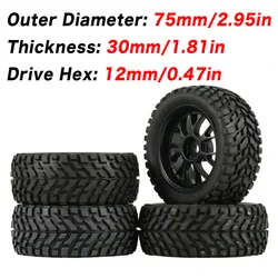 Jantes et pneus hexagonaux en caoutchouc pour HSP HPI 1:10 RC, accessoires de voiture de course, 75mm, 4 pièces 
