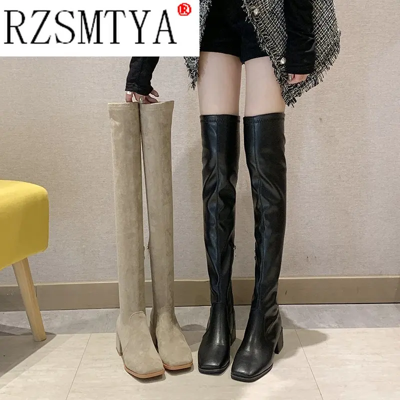 Women High Heel Boots Female Sexy Zipper Over The Knee Boots Flats Square Toe Long Thigh High