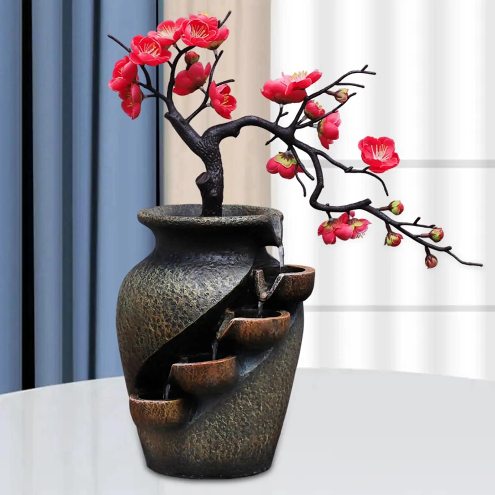 Creative Home Garden Simulation Plant Vase Crafts Resin Waterfall Fountain Indoor Desktop Flowing Water Landscape Ornament